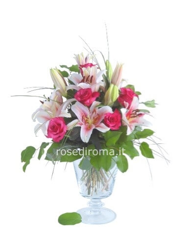 Mazzo Con Rose Fuxia E Lilium Rosa O Bianchi
