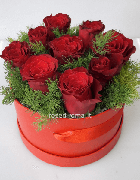 Flowerbox Tonda con 9 Rose Rosse
